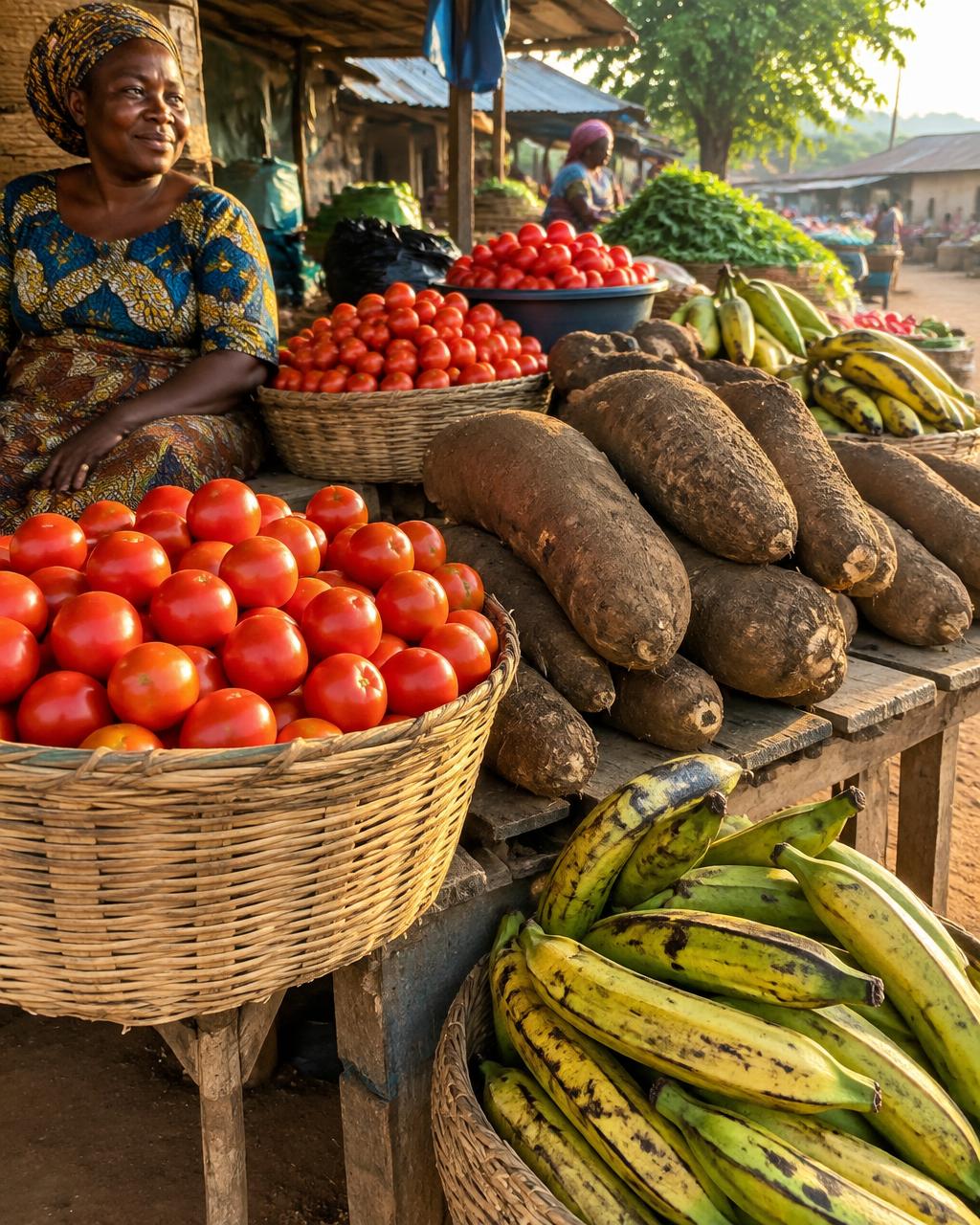 Nigerian farm market stall with baskets of tomatoes, yam and plantain